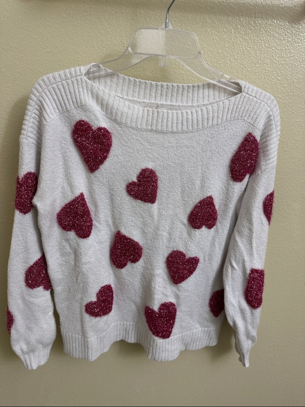 LOFT White Crewneck Sweater with Pink Sparkle Hearts Small